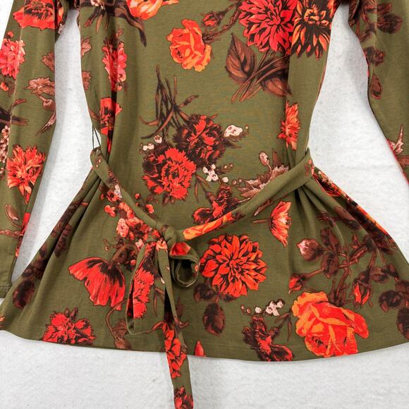 Denim & Co Tunic Size S Olive Green Floral Print Jersey Round Neck Tie Waist - Picture 4 of 9